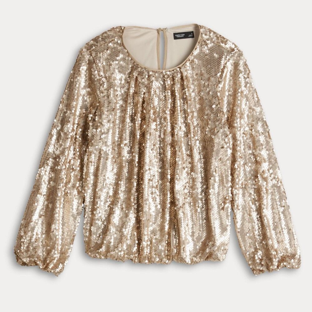 Simply Vera Vera Wang Blouse Size XS Gold Sequin Beige Long Sleeve